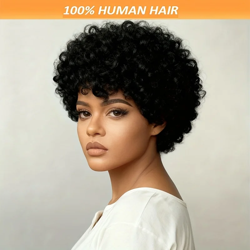 

Afro Kinky Curly Wig Human Hair For Women Short Fluffy Curly Wigs Human Hair Full Machine-Made Pixie Cut Wig For Woman