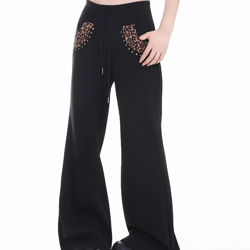 Pantalones informales acampanados con forro polar gris para mujer, diseño Vintage, estampado de leopardo, empalme, adelgazantes, hasta el suelo, para invierno
