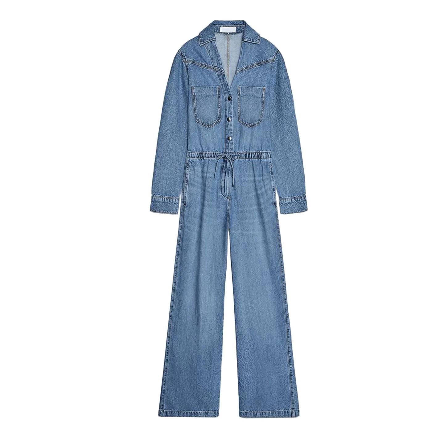 Estate nuove donne lunghe colletto Sve ket dettaglio gamba larga vita regolabile tuta di jeans vita alta pantaloni lunghi poliestere...