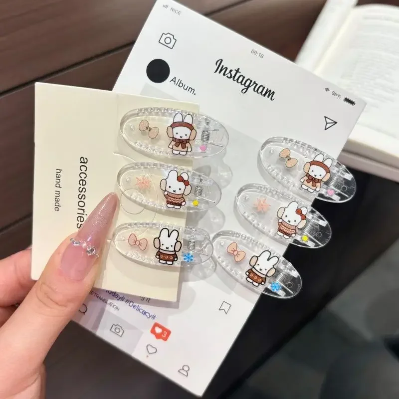 6pcs Kawaii Miffy Rabbit Duckbill Hair Clip Set Acrylic Cartoon Barrettes Sweet Side Bangs Hairpin Kawaii Daily Hair Accessories