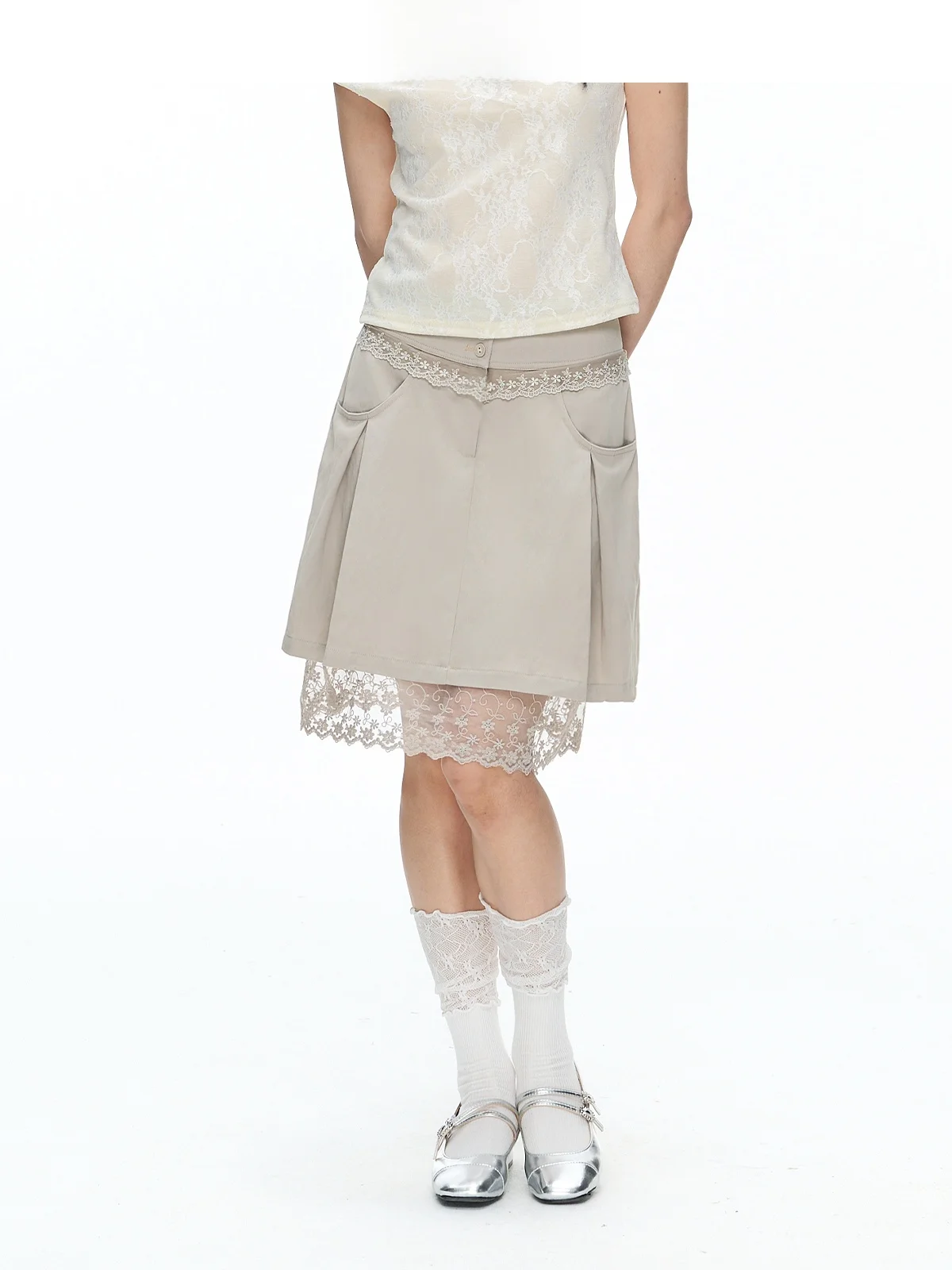 YUPH Original College Style Lace Patchwork  Skirt Women's Fashionable A-Line Short Skirt Khaki Half-length Skirt