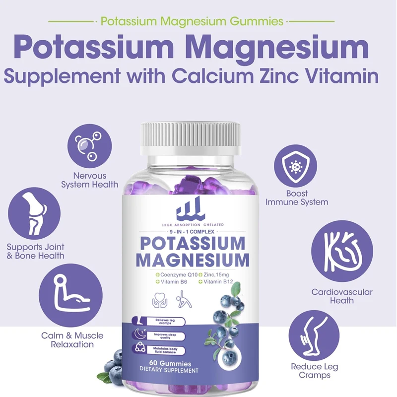 

Potassium magnesium gummies, containing magnesium glycinate, taurine, and malic acid, used for leg spasms and muscle development