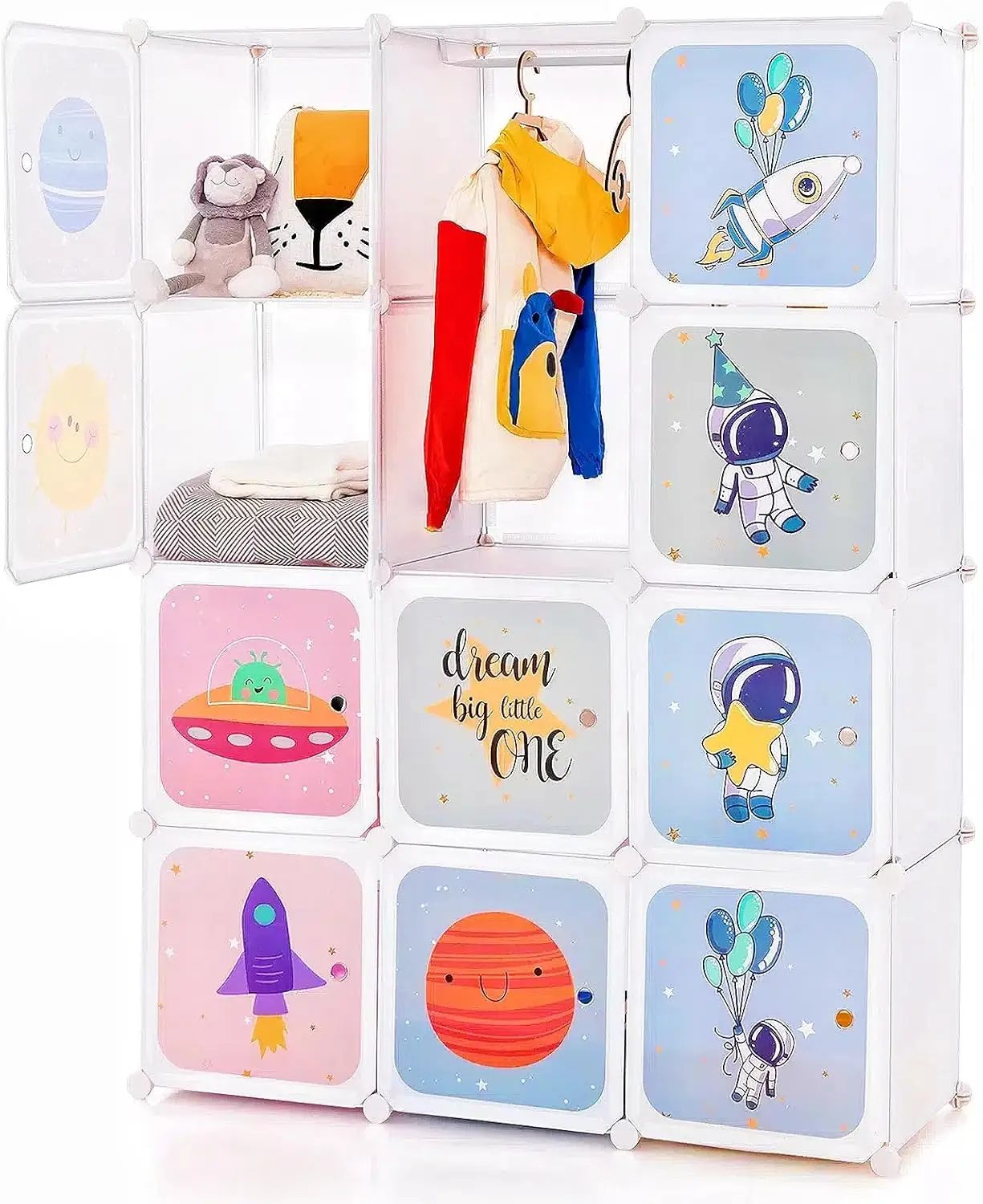 

Kids Wardrobe with Doors, 12 Cube Storage Organizer & 2 Hanging Sections for Nursery Bedroom (White)