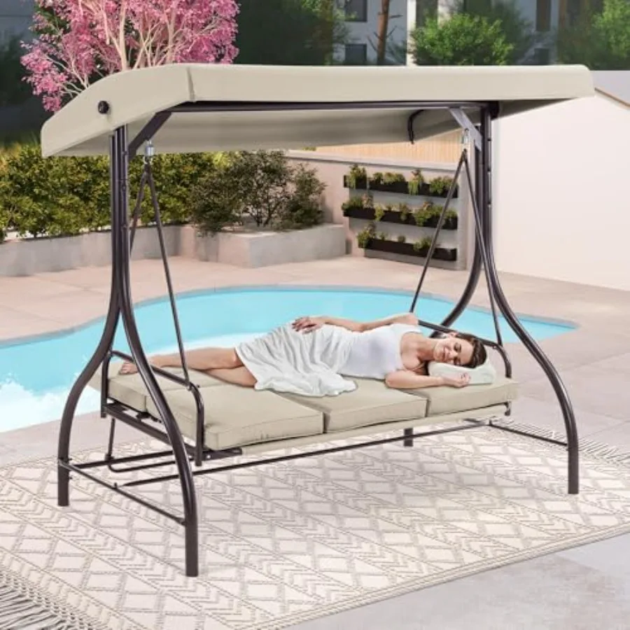3-Seat Outdoor Patio Swing Chair, Steel Frame with Beige Fabric Cushions, UV-Resistant Adjustable Canopy Ergonomic Back Support