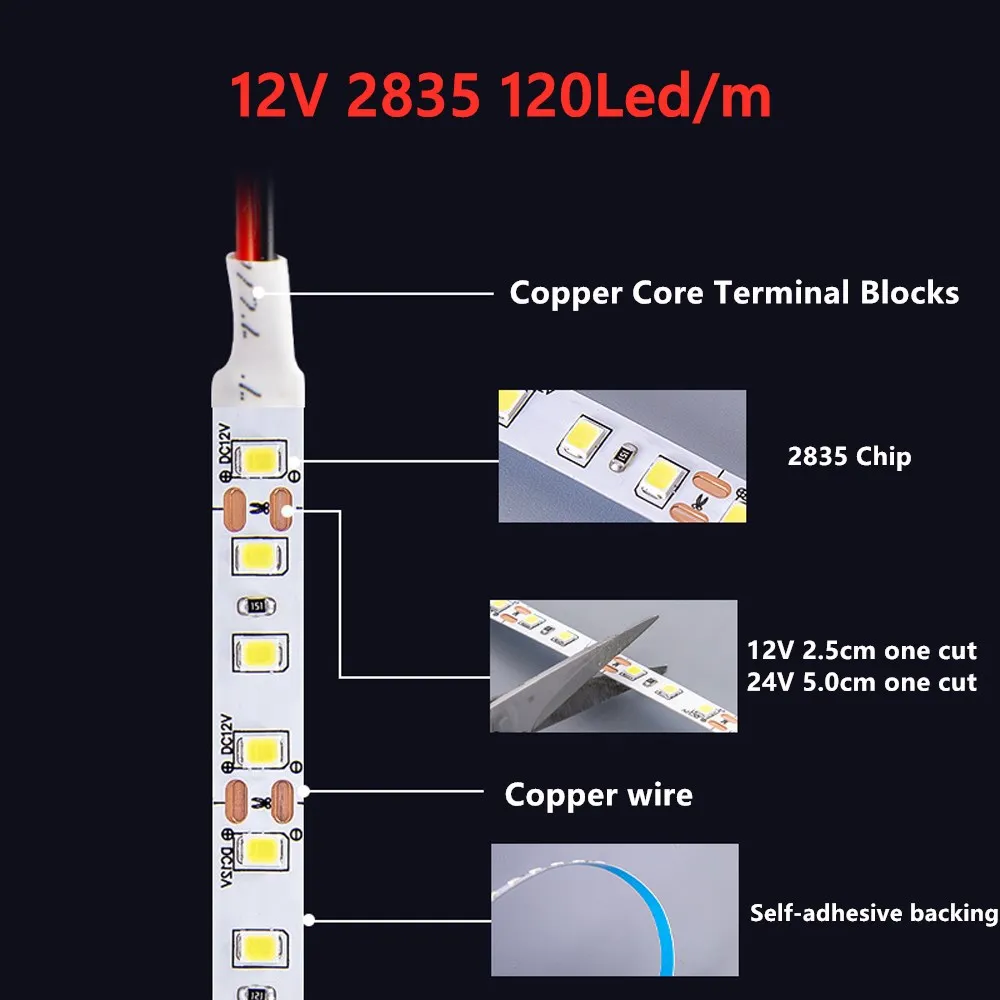 5V 12V 24V Led Strip 5m SMD 2835 300/600/1200 Led Strips Tape Fiexible Room Light Ledstrip sotto l'illuminazione dell'armadio retroilluminazione