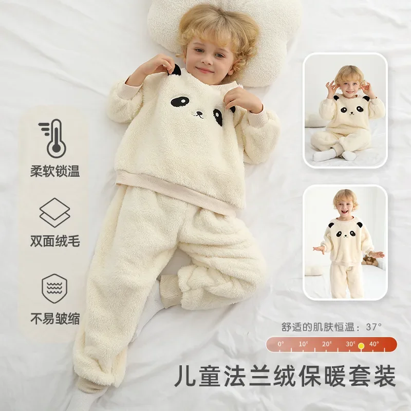 

Children's pajamas set flannel autumn and winter thickened round neck baby cartoon loungewear