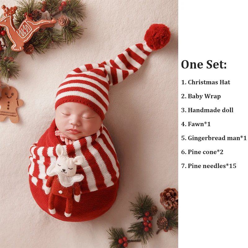 Christmas Theme Newborn Photography Outfits Striped Christmas Hat& Swaddling Blankets Pine Cones Gingerbread Men PhotographyProp