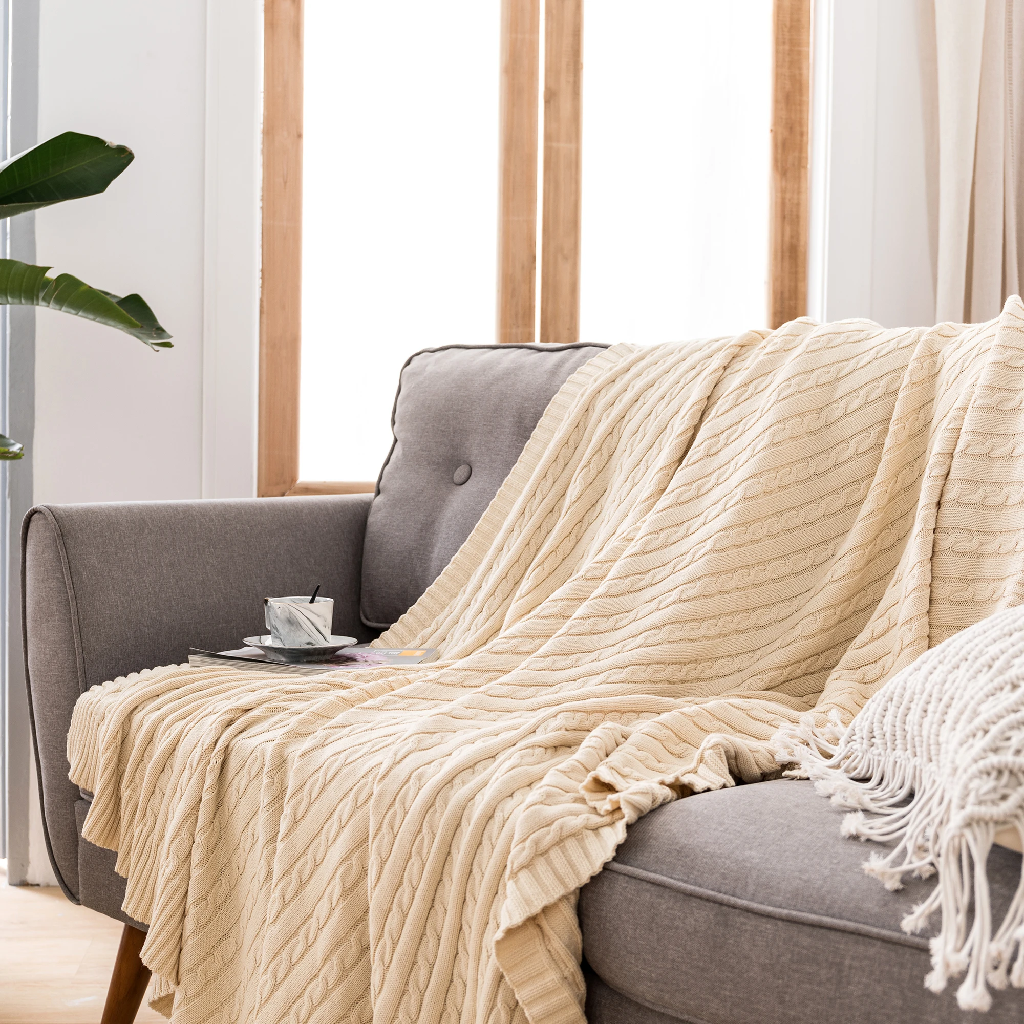 Battilo Cotton Knitted Throw Blanket Soft Cozy Cable Knit Sofa Throws Large Heavyweight Decorative Blanket for Twin Queen Bed