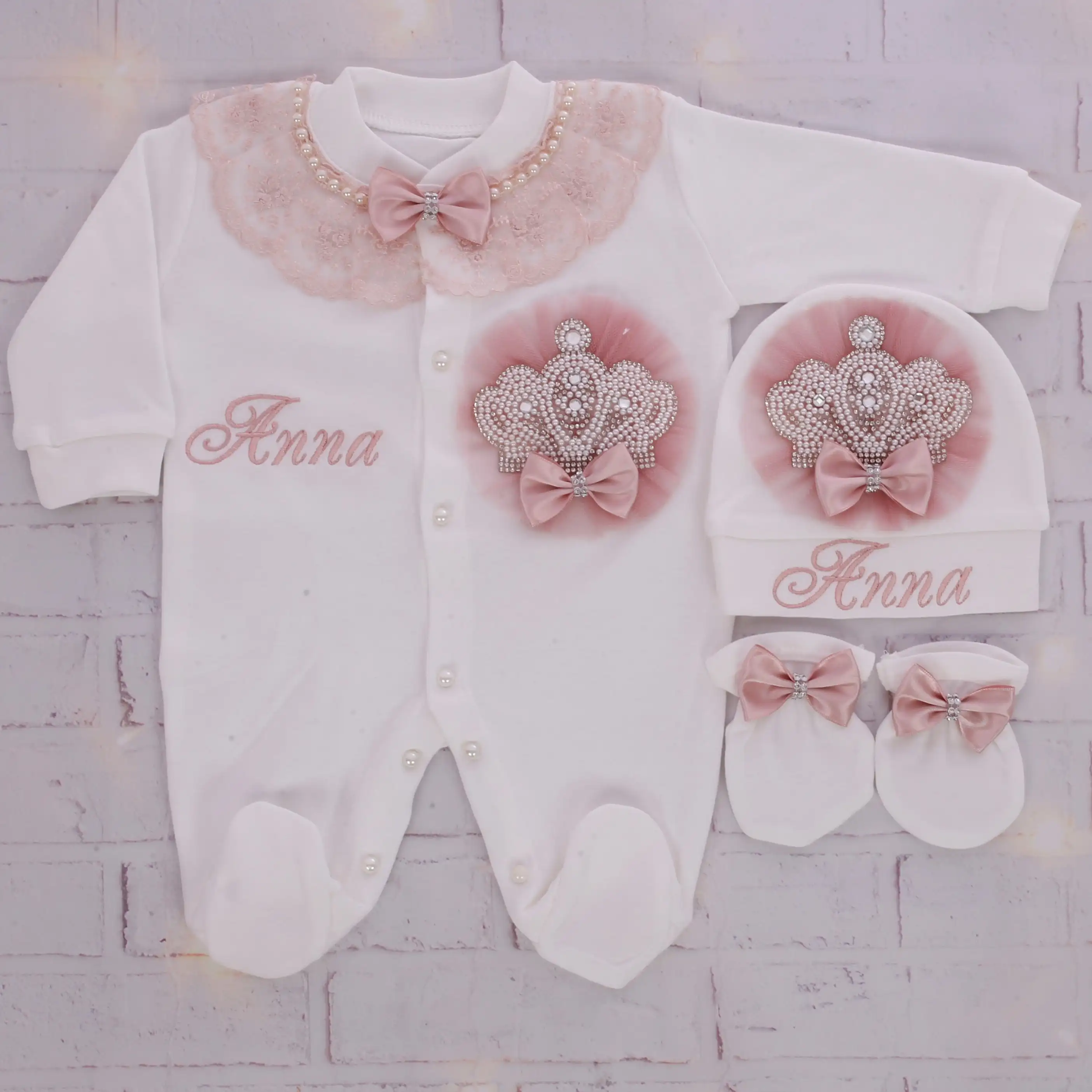Angle Wing Take Me Home Outfit Pink Lace Baby Gown Baptism Gift Butterfly Baby Outfit and Bonnet  Infant Girl 3pcs Layette view 5