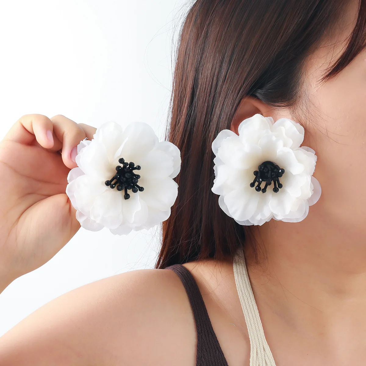 Exaggerated Handmade Fabric Laminated Flower Earrings for Women Bohemian Floral Beach Vacation Versatile Fashion Trend 5E081