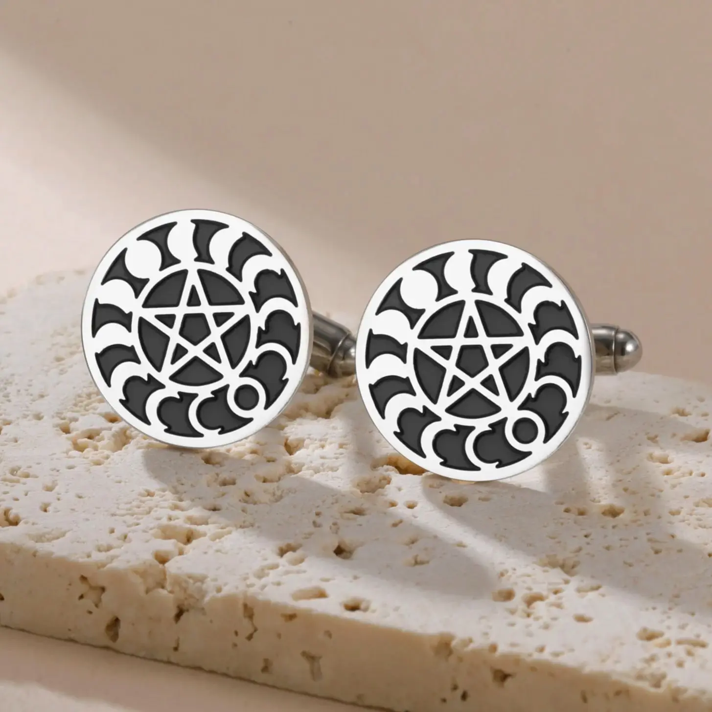Men's moon phase cufflinks round pentagonal star moon phase cufflinks stainless steel men's tailcoat shirts accessories gifts ﻿