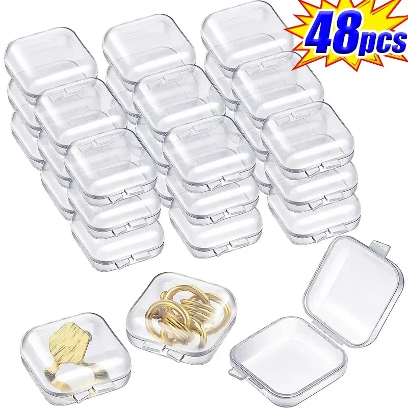 48pcs Mini Square Storage Box Transparent Plastic Flip Cover Case Pill Jewelry Earrings Dustproof Storage Pack Boxes Wholesale