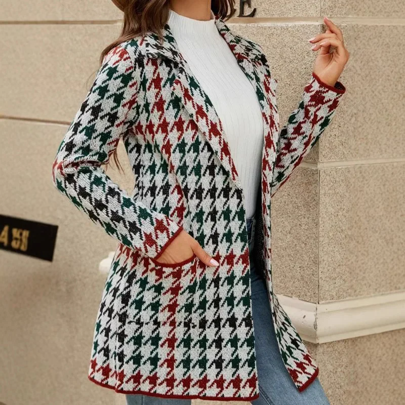 

Lady's Thickened Vest Top Autumn Winter Long Knitted Sweater Checkered Commute Suit Collar Windbreaker Coat Elegant
