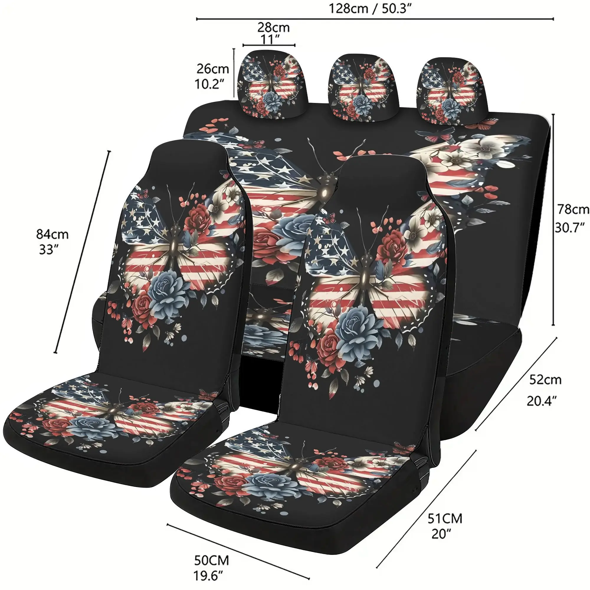 Stars And Stripes Butterfly Five Seater Car Seat Cover Complete Set Of Accessories, Two Front Seats, Three Hats, One Seat Cushio