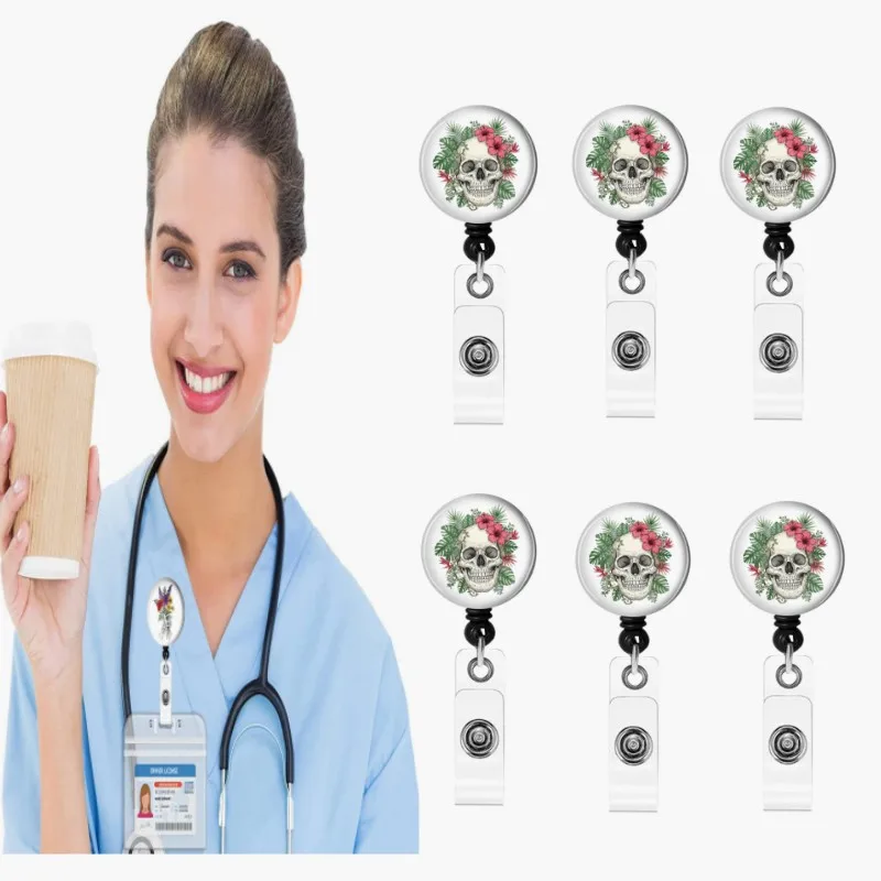 Creative Dispensing Skull Flower ID Badge Holder Medical Rotating Retractable Drop Glue Badge Reel For Doctors Nurses Students