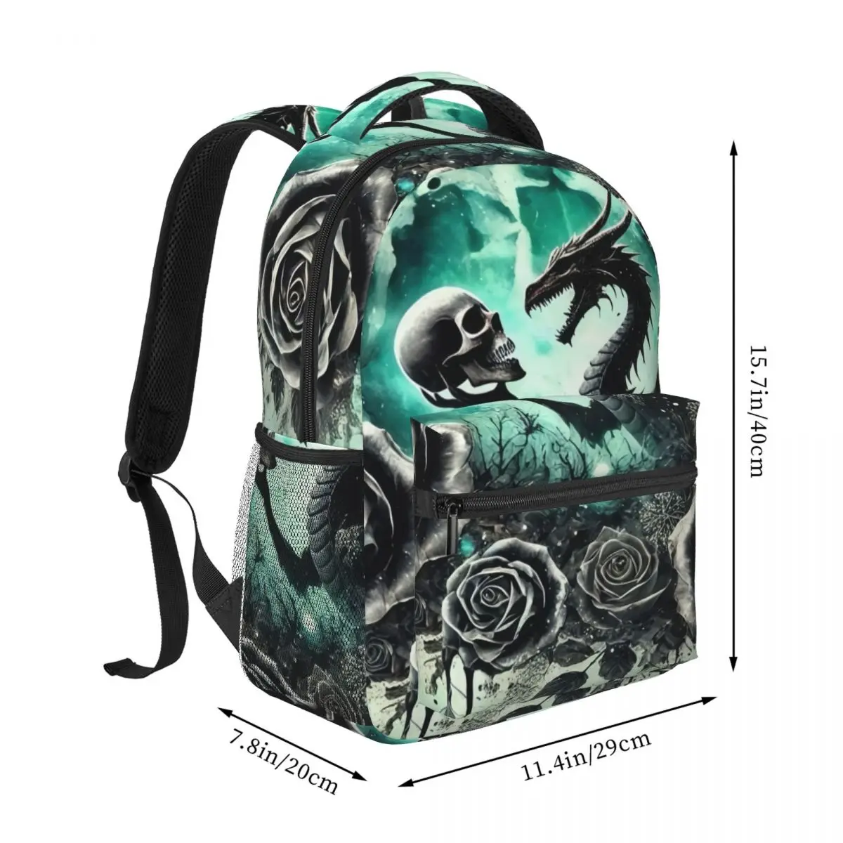 Dino Kids Bookbag Backpack Center Dragon Skull Black Roses Ravens Moon Dark Gothic Teal Green Black Large Bookbag for Primary