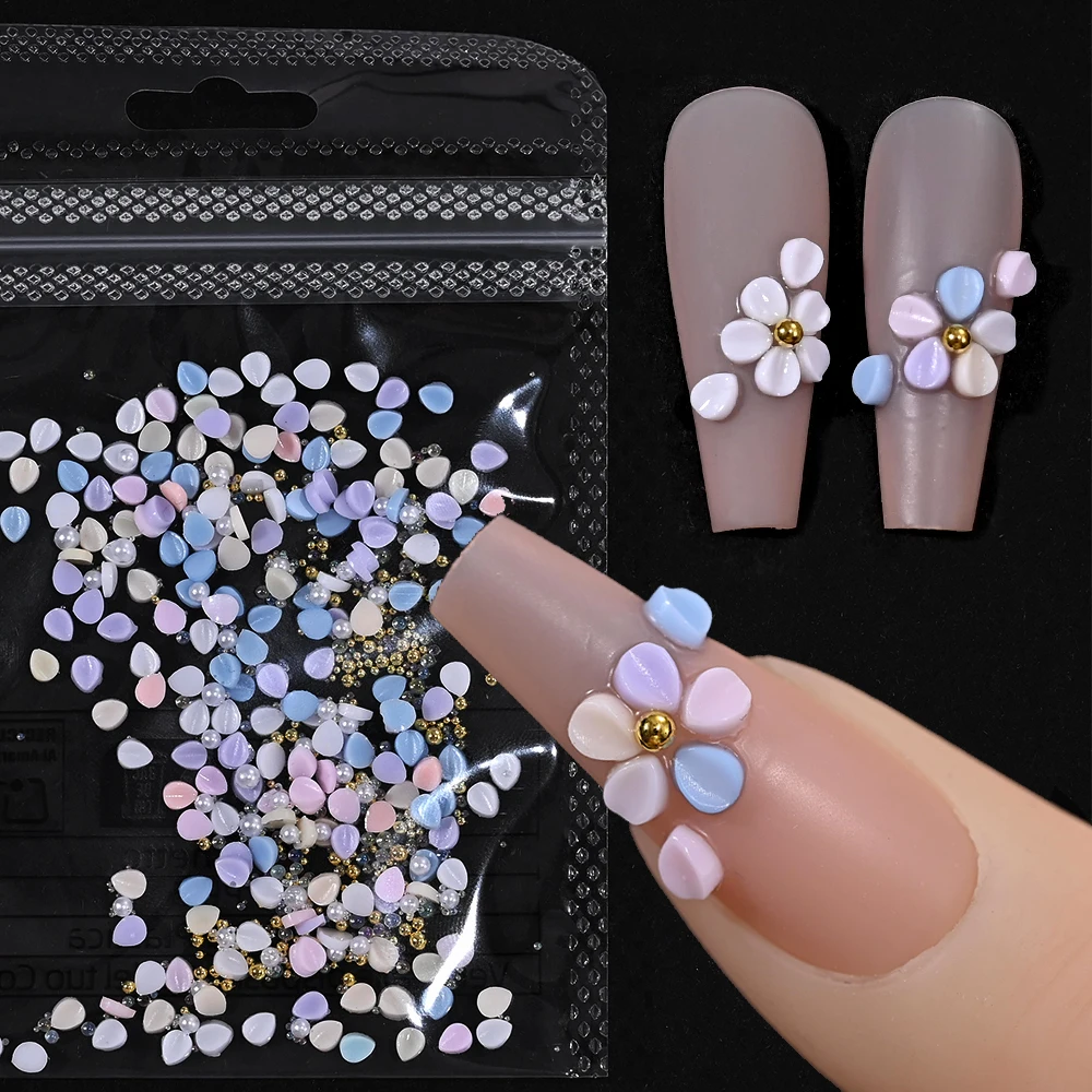 150 Uds. Pétalos acrílicos de colores 3D, decoraciones artísticas para uñas, lindas perlas blancas y cuentas doradas, dijes mixtos, suministros de diamantes de imitación para uñas Y2K