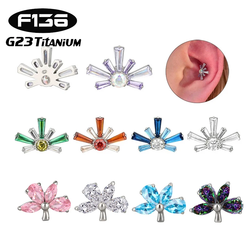 1PC G23 Titanium Piercing Ear Studs Internal Thread Flat Back Firework 5A Zircon Tragus Nose Lip Stud Labret Piercing Jewelry