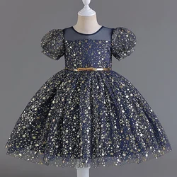 Children's Princess dress Metallic style personality printed belt puffy sleeve skirt gauze Peng party #M7603