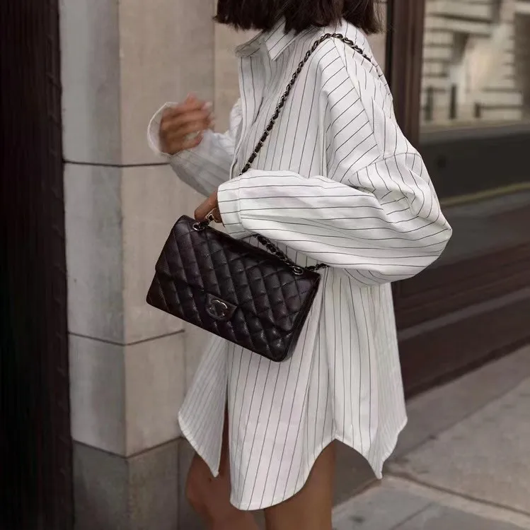 Loose Casual a righe irt Colletto rovesciato Lungo Sve Modello a righe Premium Faion da donna Comodo vestibilità ampia irt