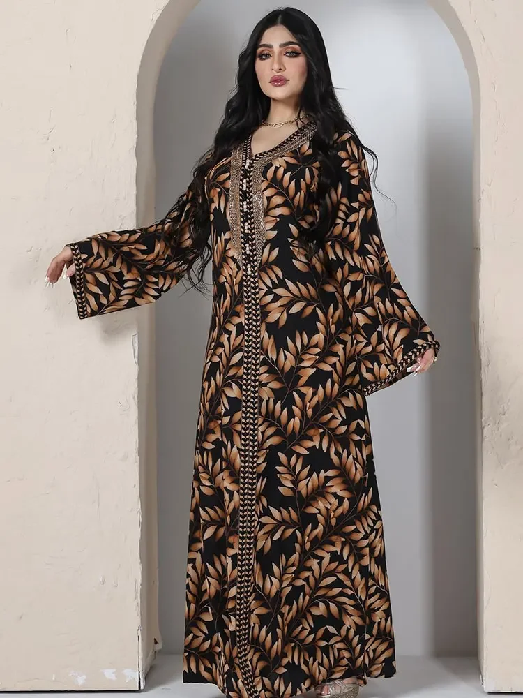 

Beaded Abaya Printed Long Dress for Women Arabic Party Kaftan Braided Trimming Saudi Gulf Dubai Jalabiya Muslim Evening Dresses