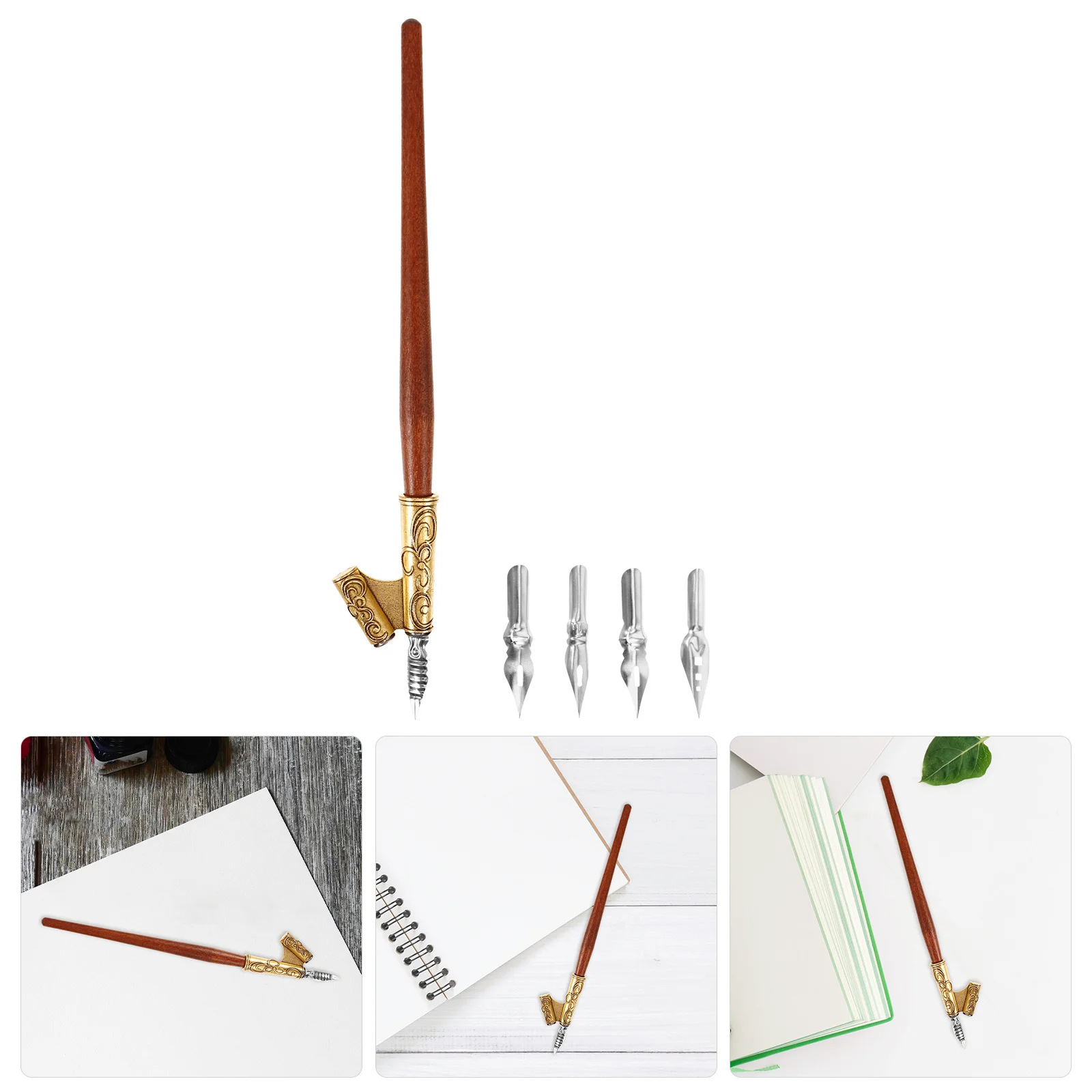 1 Set Wooden Calligraphy Stainless Steel Dip Pen Tips Smooth Writing Practical Calligraphy Practice Pen Elegant Signing Drawing