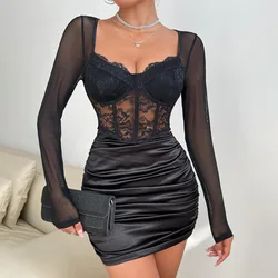 Elegant Slim Tanks Dresses Women Autumn Style Lace Mesh Long Sleeves Fold Mini Wrap Hip Dress Fashion Square Neck Party Clubwear