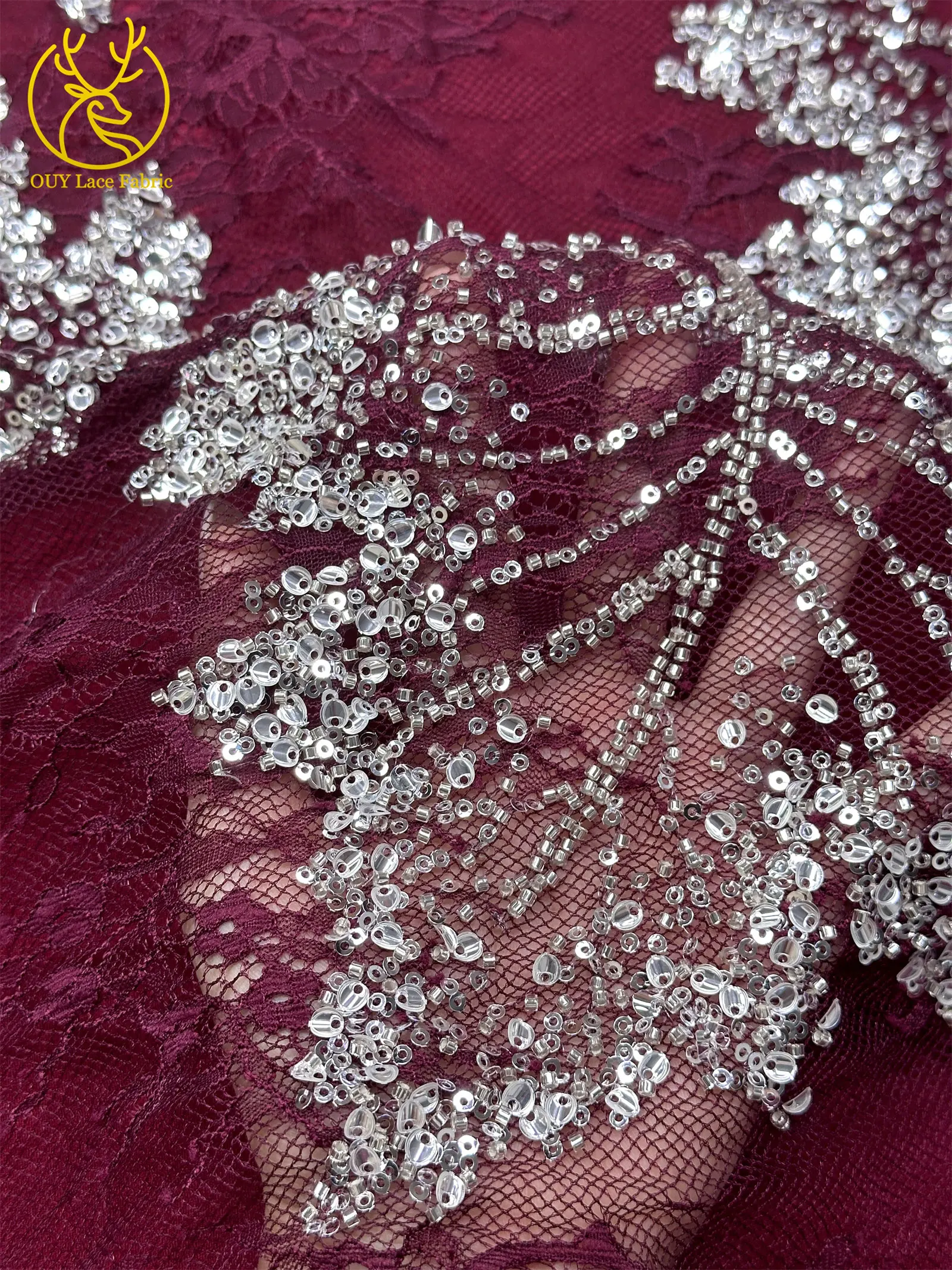 Weinroter afrikanischer bestickter Perlen-Spitzenstoff, 5 Yards, französisches Blattmuster, Pailletten-Tüll-Spitzenstoff für Hochzeits- und Partykleider – Detail 7