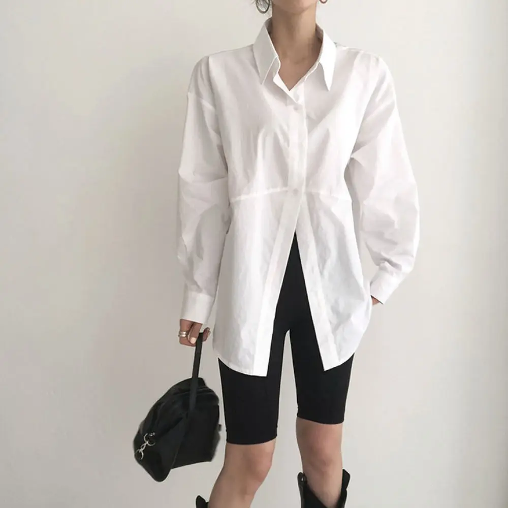 Womens Autumn Blouse Korean Minimalist Style Loose Fit Shirt Puff Sleeve Irregular Single Breasted Elegant Casual Solid Tops