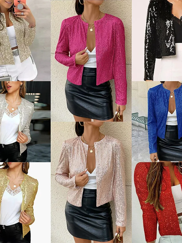 

Slim Fit round Ne Long Sve Sequined Jaet iny Outerwear Casual Sle Women's ort Coat Bright Sequin Embellied