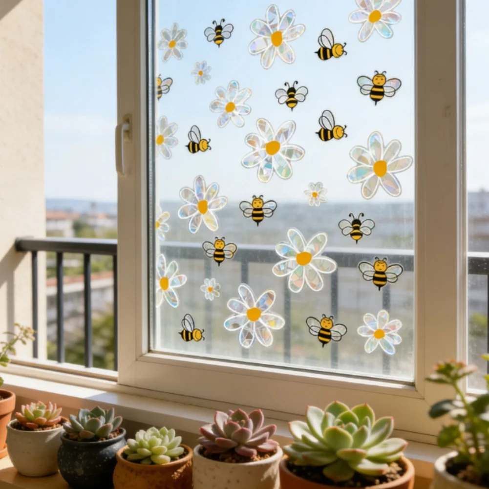 Floral Bee Spring Theme Window Cling Decal PVC Material Static Adhesion for Glass Mirror Smooth Surfaces 20x30 4 pieces