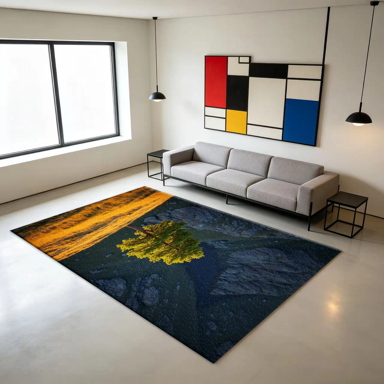Single-Panel Mountain Valley Natural Landscape Carpet Floor Mat Sunset Scenery Non-Slip Floor Mat for Home Use