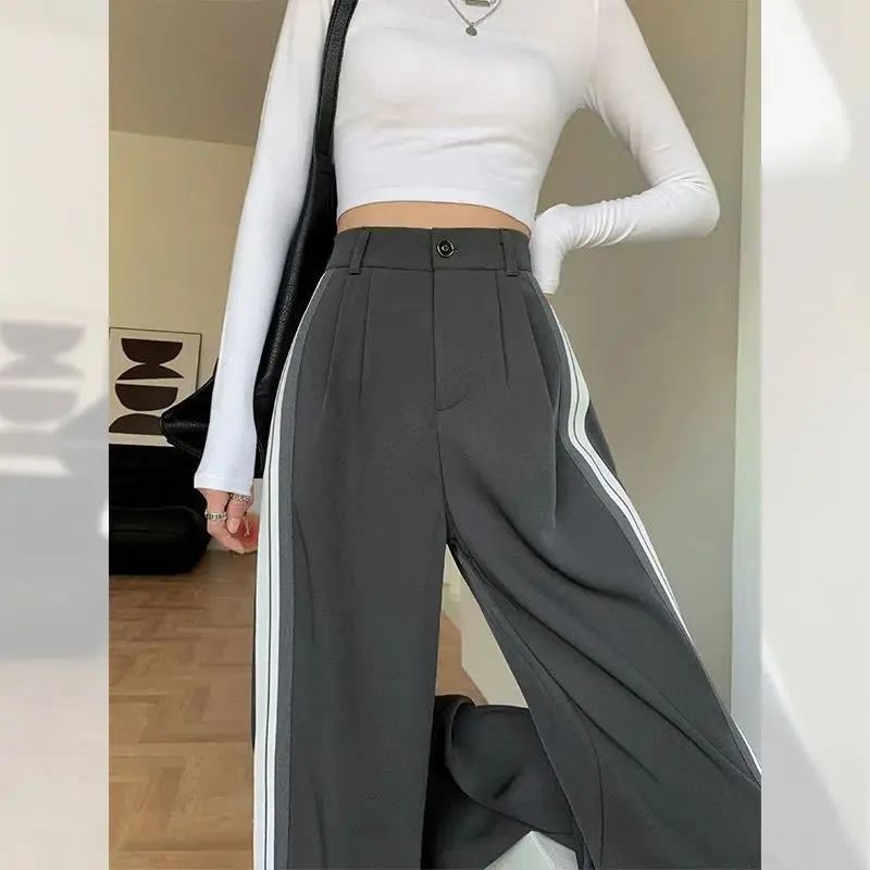 ใหม่ Basic สีเทากางเกงผู้หญิงเกาหลีแฟชั่นเอวสูงตรงลายกางเกงขากว้างฤดูใบไม้ผลิฤดูใบไม้ร่วง Baggy กางเกง