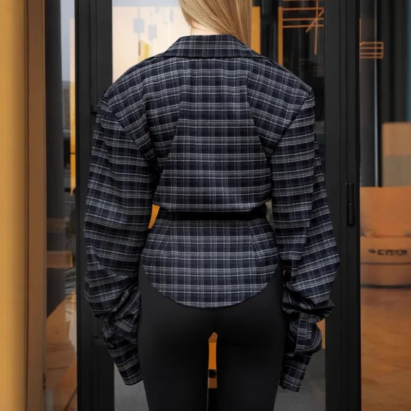 เสื้อเชิ้ตผู้หญิงแฟชั่นลายตารางหมากรุกสไตล์วินเทจ คอวี ทรงไม่สมมาตร แบรนด์ Talenza สำหรับฤดูใบไม้ผลิและฤดูใบไม้ร่วง สวมใส่สบายๆ เหมาะกับการเดินทาง ดูเก๋ไก๋และสง่างาม