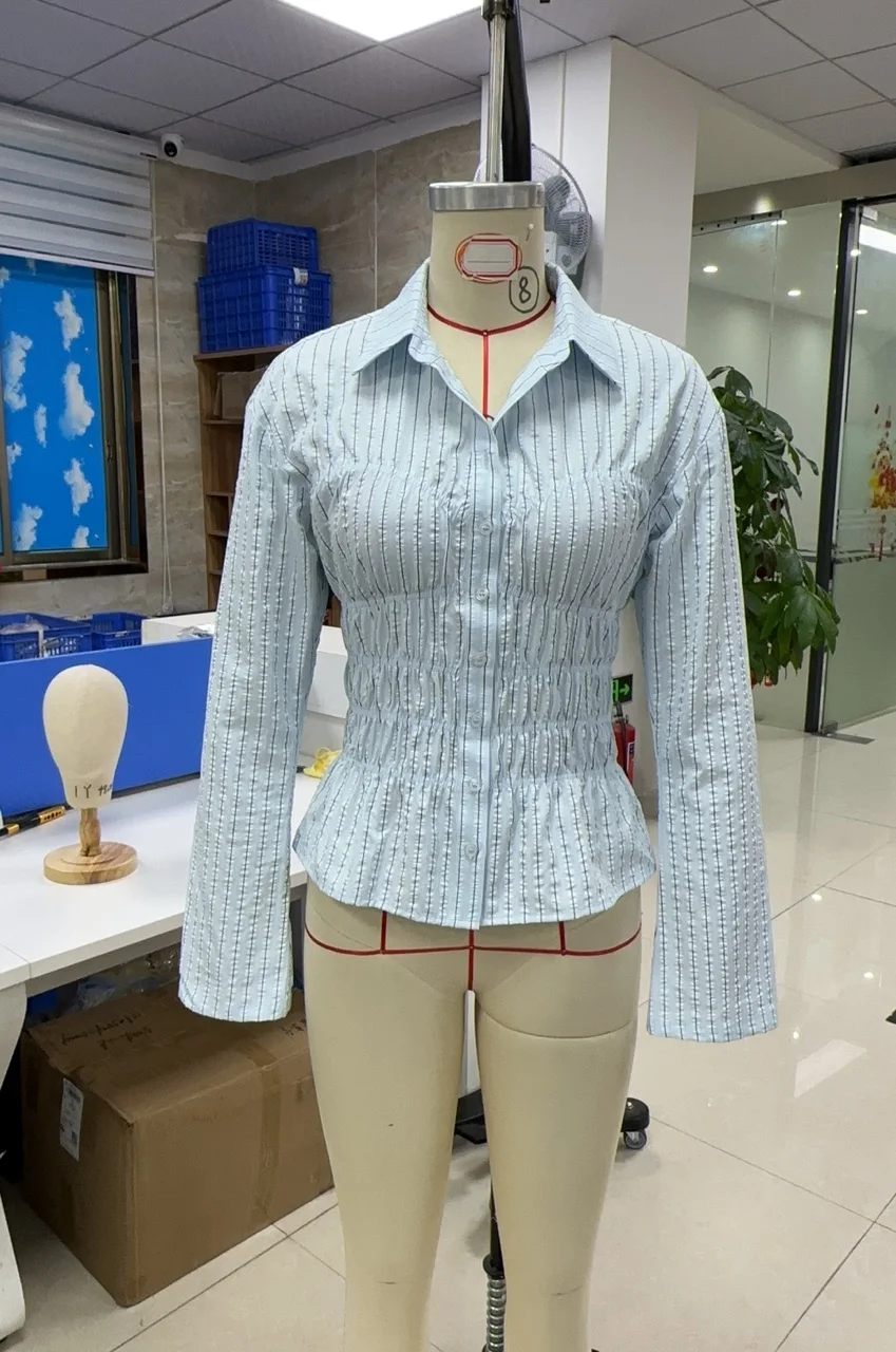 

Женская полосатая блузка с гофрированными рукавами, облегающие топы с воротником и длинными рукавами на пуговицах, повседневная осенняя уличная одежда