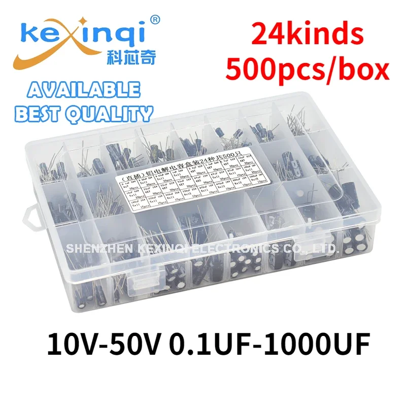 

500pcs/box DIP Aluminum Electrolytic Capacitor 24kinds 10V 16V 50V 25V 47UF Electronic Circuit Board Maintenance 0.1uF-1000uF