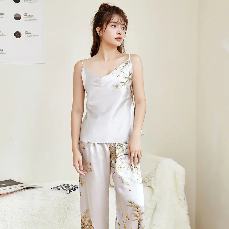 Simple Printed Pajamas Halter Top Trouser Two-piece Set Summer Thin Home Wear Imitation Silk Leisure Nightgown Women\'s Clothing