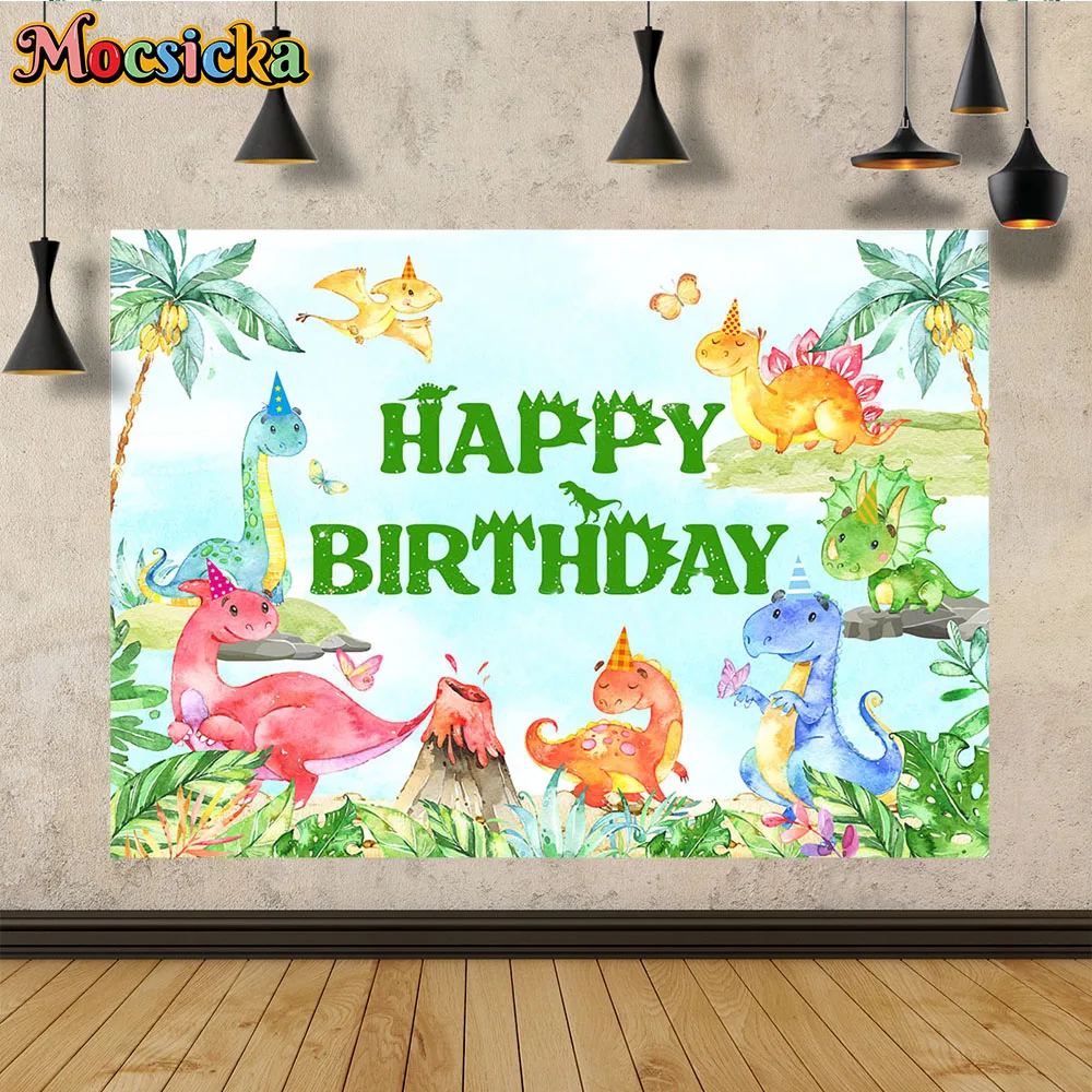 

Jurassic Cartoon Dinosaur Boy Birthday Party Background Tropical Jungle Palm Leaf Tyrannosaurus Rex Decoration Backdrop Kid Prop