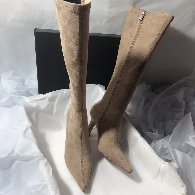 

Women Stretch Slim Modern Long Boots Pointed Toe Knee High Booties Street Style High Heels Party Stripper Female Shoes