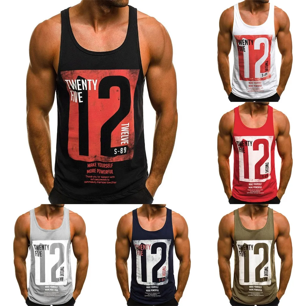 Number 12 Print Vest Men\'s Tank Top Breathable Bodybuilding Tee Gym Vest Sleeveless Men T-shirt Fashion Crew Neck Fitness Tee