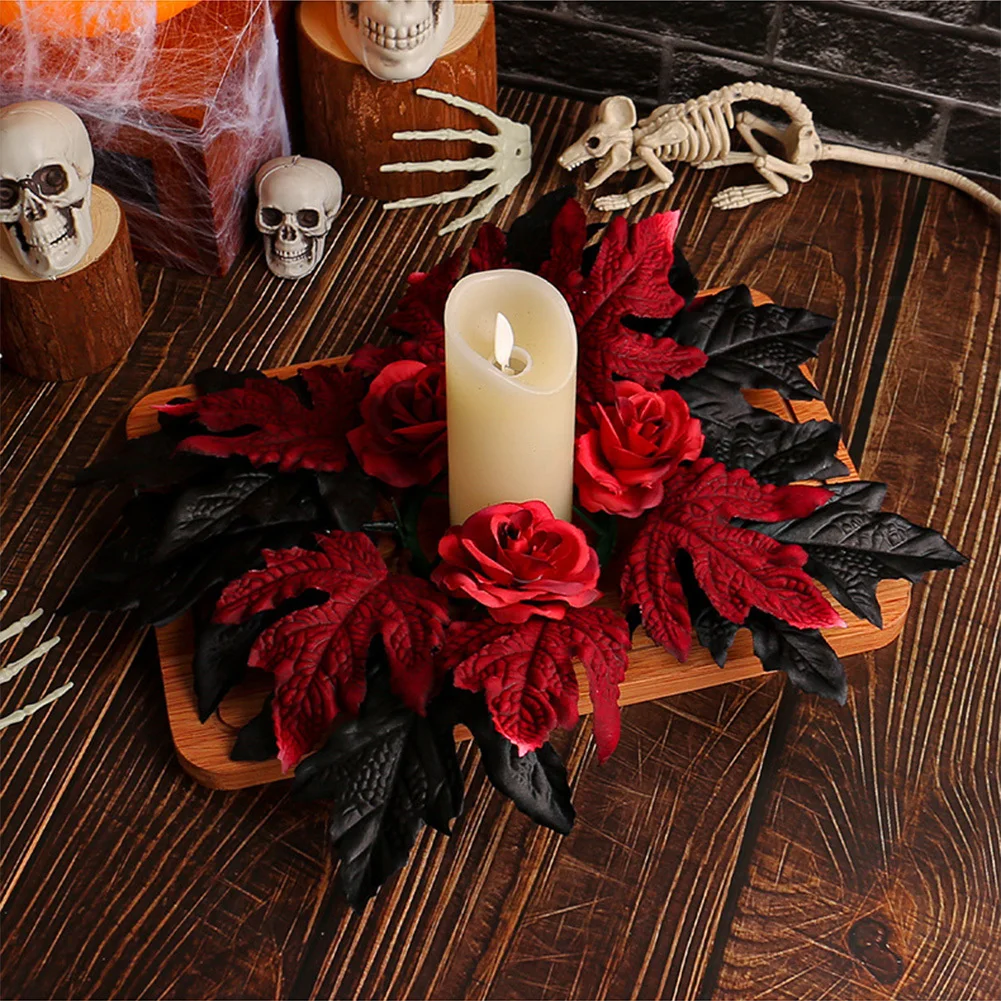 Fall Candle Rings Wreaths, Artificial Maple Leaf Candle Garland with Berries Rose, Candle Holder Rings for Halloween Decor