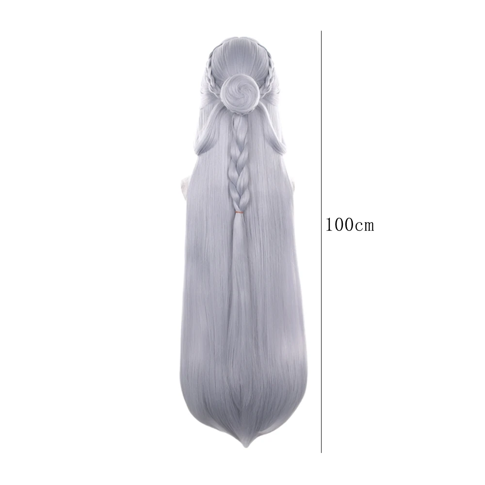 Silver Gray Long Wavy Cosplay Wig with Side Braid and Rose Bun Synthetic Heat Resistant for Women Anime Halloween