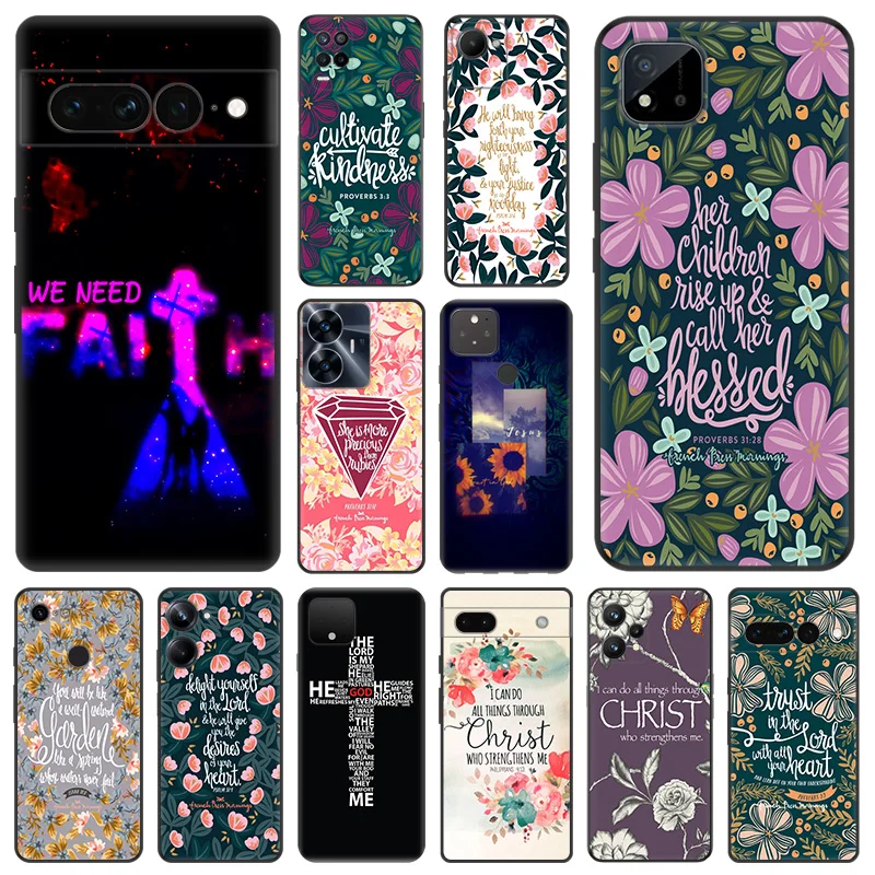 Matte Phone Case for Pixel 8 8a 7 7a 6 6a Moto Edge 20 30 40 Pro OneFusion G200 Bible Jesus Christ Verse Soft Black Cover