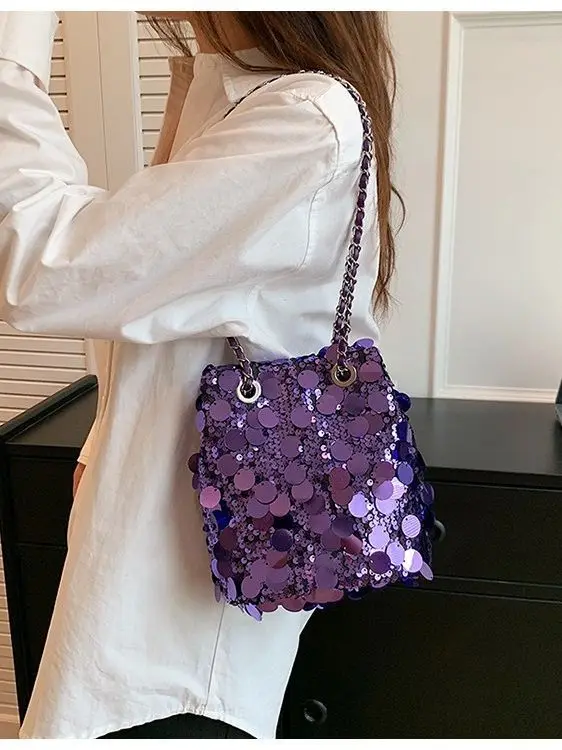 Y2K Style Sequins Handbags Silver Bag Women Small Tote Bag Bling Bling Fashion Lady Bucket Handbags Girls Glitter Purses