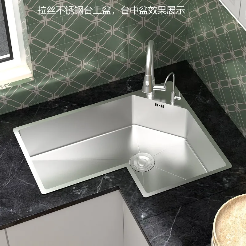 L‑Shape Corner Kitchen Sink 304 Stainless Steel Handmade Single Bowl Custom Offset Angle Washing Basin For Home Kitchen