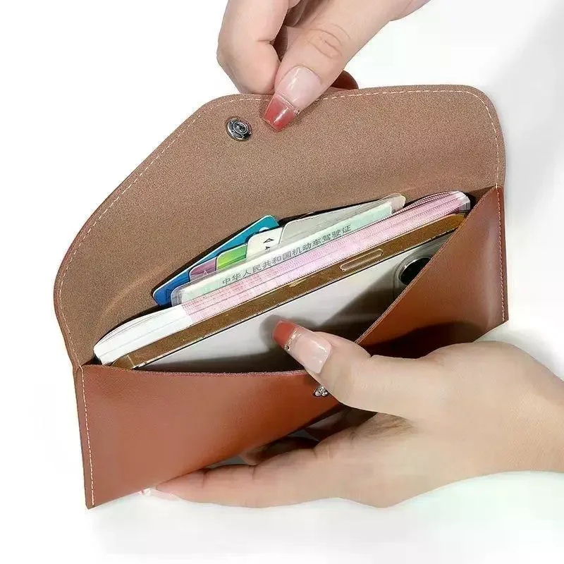 Unisex Classic Long Leather Wallet Snap Button Envelope Pouch Wear Resistant Cash Storage Bag for Business