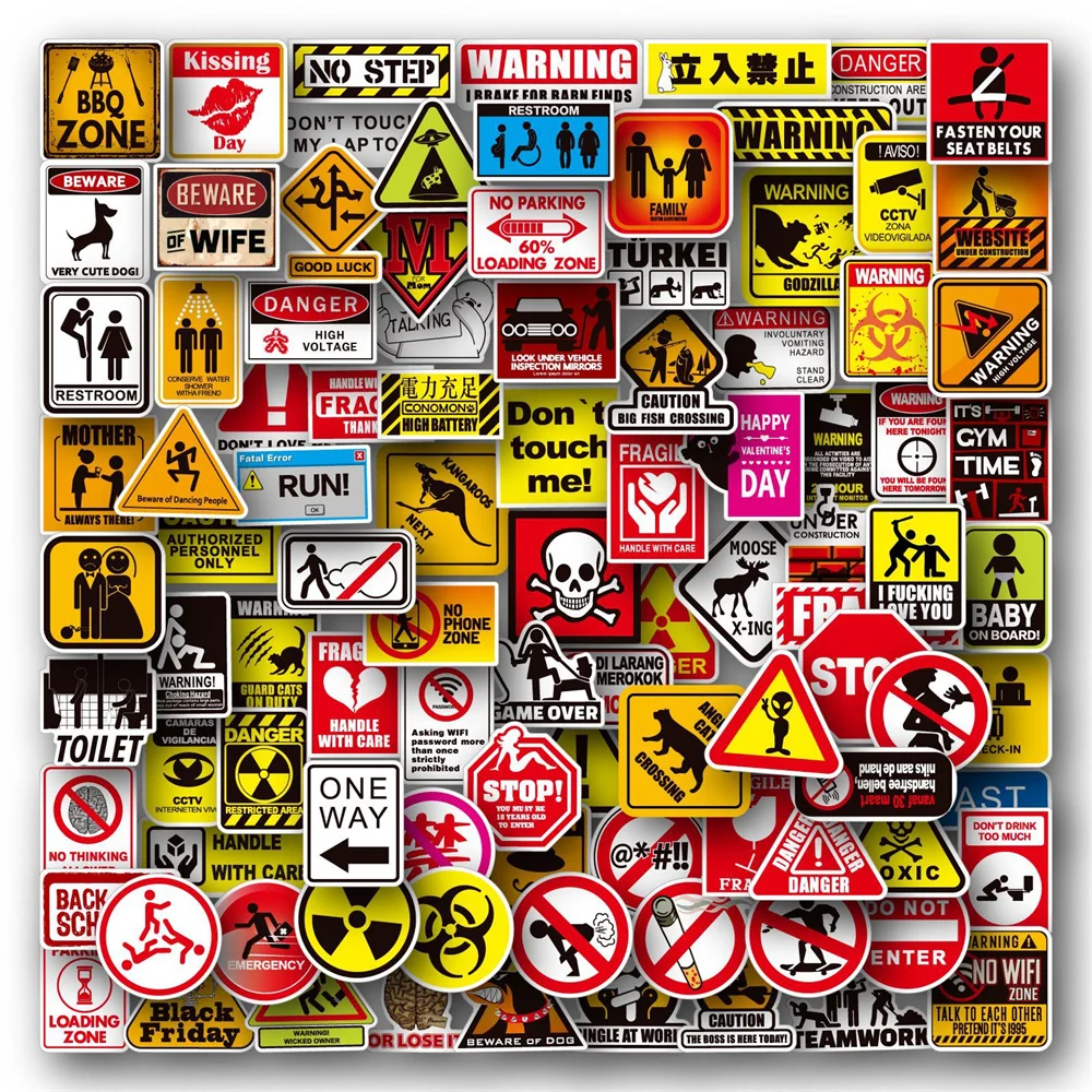 100PCS Warning Slogan Series Collection Graffiti Waterproof Stickers Creative Trendy Fridge Mug Helmet Guitar DecorationStickers