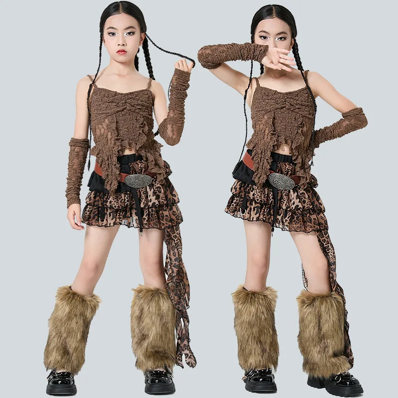 

Новинка 2025 года, одежда для подиума для девочек, сценическая одежда K-pop, уличная одежда в стиле джаз, хип-хоп, кофейный детский праздничный комплект Rave XH2734