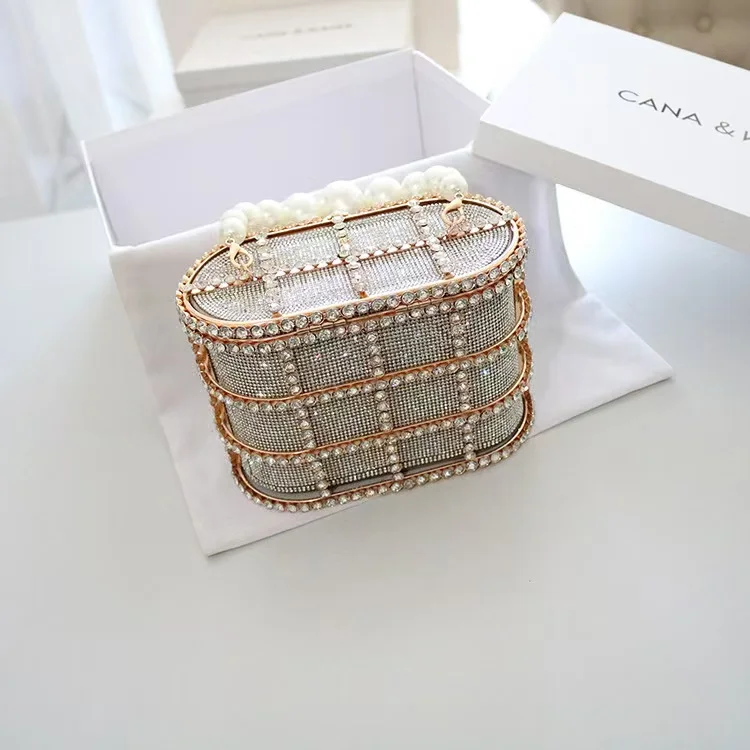 Luxury Metal Cage Pearl Beading Women\'s Handbag Shiny Rhinestones Diamond Evening Bag Wedding Party Clutch Purse Crossbody Bag