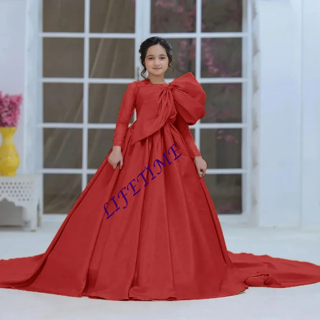 Abito da ragazza di fiore con paillettes a maniche lunghe con fiocco e monospalla, lunghezza del pavimento, abito da comunione con strascico personalizzato